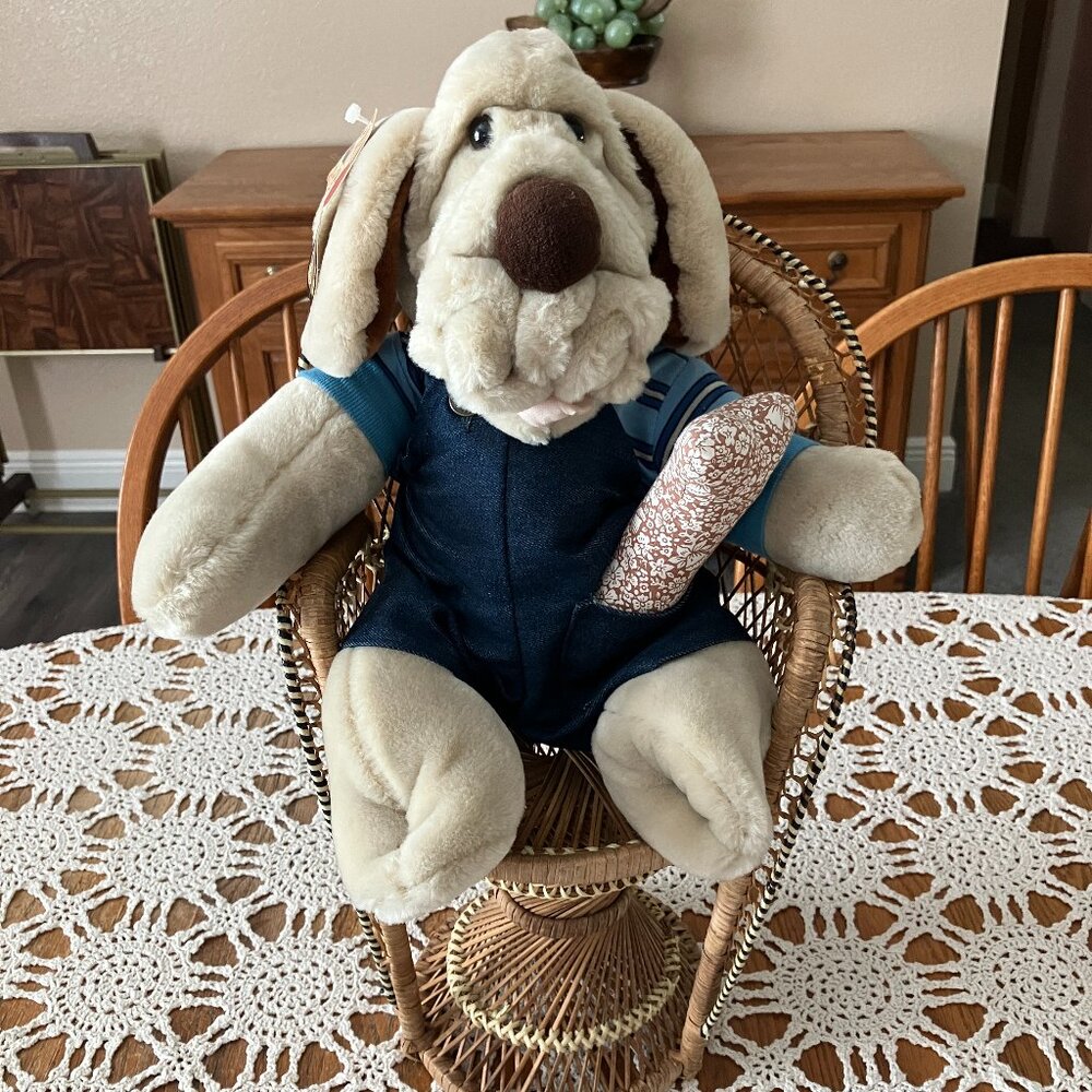 Vintage Ganz Bros Plush Puppet Wrinkles with Tag – Denim Overalls Shirt and Bone